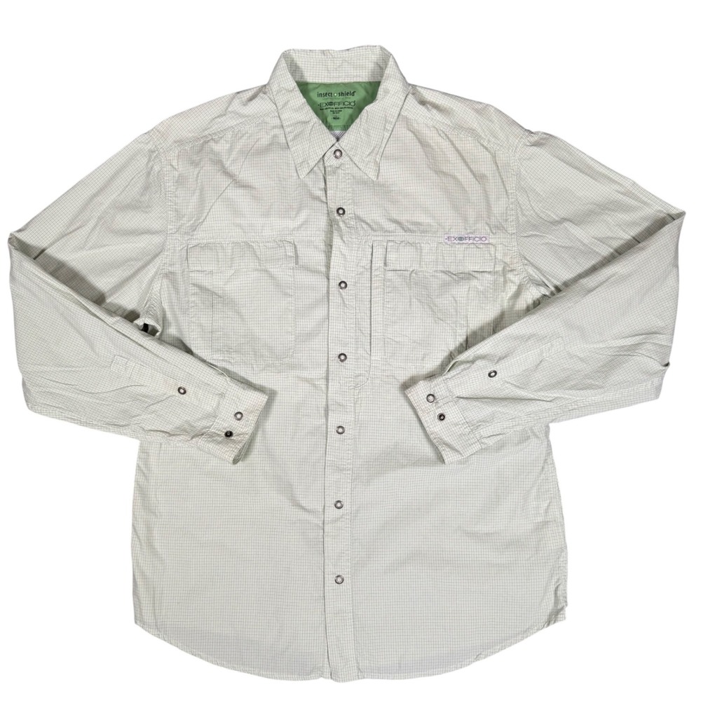 ExOfficio‎ BugsAway Shirt Mens Large Green Grid Long Sleeve Insect Shield Nylon